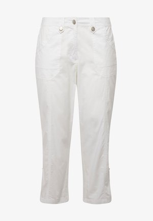 Pantaloni bianchi cropped realizzati in tessuto leggero. Presentano due tasche laterali, due bottoni frontali e dettagli cuciti sulle cuciture.