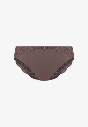 Sous-vêtement marron orné de dentelle avec un tissu lisse et des bords festonnés. Présente un accent décoratif au centre avant.