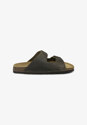 Sandali in pelle marrone con due cinturini regolabili, plantare in sughero e suola in gomma texture. Punta aperta e design sagomato.