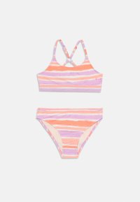 Barvit dvodelni bikini z vzorcem črt v odtenkih roza, oranžne in vijolične. Zgornji del ima zasnovo z križnim hrbtom in nastavljive naramnice.