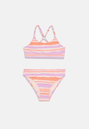 Színes, kétrészes bikini, amely rózsaszín, narancs és lila csíkokkal van díszítve. A felső részen keresztbe kötött dizájn és állítható pántok találhatók.