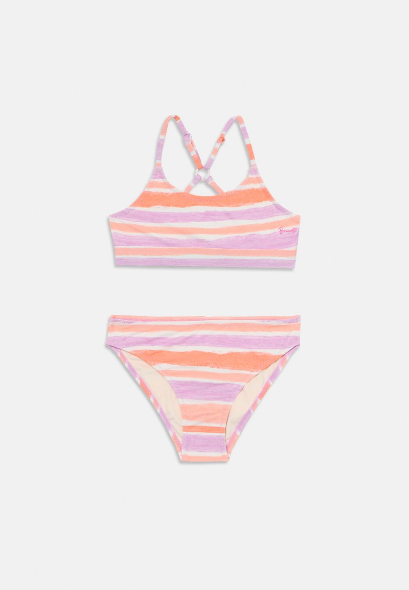 Barvit dvodelni bikini z vzorcem črt v odtenkih roza, oranžne in vijolične. Zgornji del ima zasnovo z križnim hrbtom in nastavljive naramnice.