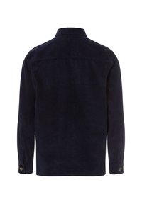 Marineblauwe corduroy shirt met lange mouwen, knoopmanchetten, een kraag en verticale ribbelstructuur. Achteraanzicht, geen zichtbare branding.