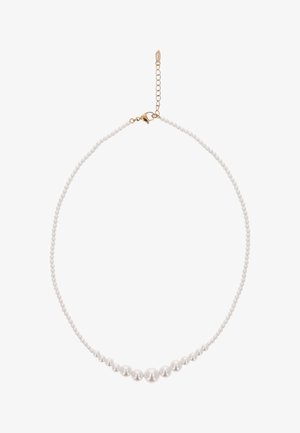 Biała perłowa naszyjnik z przekręconym wzorem łańcucha, z różnej wielkości perłami z przodu oraz zapięciem w odcieniu złota z przedłużaczem.