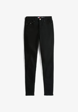 Svart smala jeans med fem fickor, knappstängning och bältesöglor, upplagda på ett vitt bakgrund.