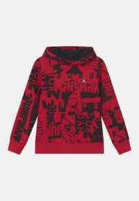 Punainen huppari, jossa on graafinen kuosi mustine teksteineen ja muotoineen. Sisältää kengurutaskun ja hupun, jossa on musta vuori.