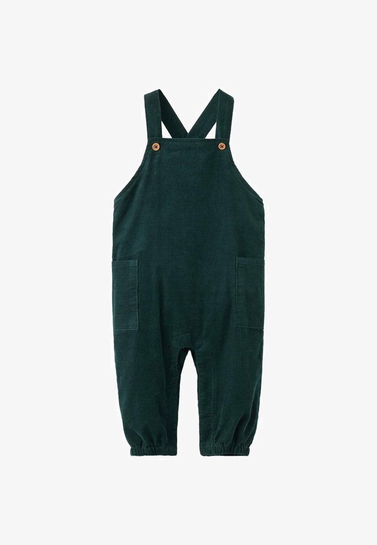 Tmavozelené detské kordové prešívané kombinézy s nastaviteľnými popruhmi, prednými vreckami, gombíkovými zapínaniami a elastickými manžetami na členkoch.