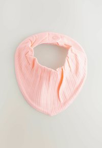 Textured, light pink fabric neck accessory with a triangular shape and a snap button closure for secure wear. Suitable for layering.