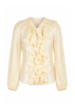 Blusa crema a maniche lunghe con ampio colletto arricciato e volant a cascata sul davanti, polsini elasticizzati, tessuto liscio, stile femminile.