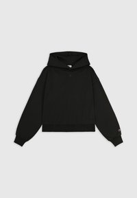 Hoodie court noir en tissu texturé. Il dispose d'une capuche avec cordon de serrage, de poignets côtelés et d'un petit logo sur la manche gauche.