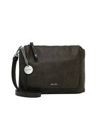 Borsa a tracolla in pelle verde scuro con dettagli intrecciati, chiusura con zip, tracolla in catena e pelle, hardware in argento e etichetta con logo.