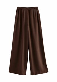 Bruine wijde broek met een elastische tailleband, gemaakt van een gladde, lichte stof, met een losse pasvorm en zonder zichtbare zakken.