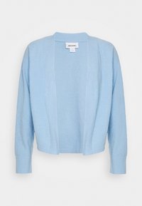 Cardigan azzurro chiaro in tessuto morbido e strutturato. Design con apertura frontale, maniche lunghe e dettagli a coste lungo i bordi. Senza chiusure.