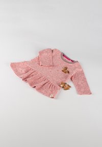 Rosa Langarmkleid mit floralem Muster, Rüschensaum und zwei braunen Pferde-Applikationen. Baumwollmaterial mit Rundhalsausschnitt.