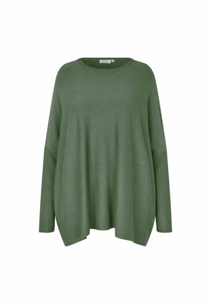 Green knitted sweater with a relaxed fit, wide sleeves, and a rounded neckline. Soft texture with a slightly draped hem and ribbed accents.