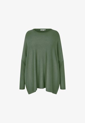 Groen gebreid sweater met een relaxte pasvorm, brede mouwen en een ronde halslijn. Zachte textuur met een licht afhangende zoom en ribbelaccenten.