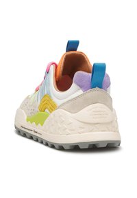 Multicolored sneaker with a mix of leather and suede. Features a white base, gray sole, and accents in purple, pink, yellow, and green.