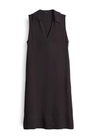 Robe noire sans manches avec un col, décolleté en V et coupe droite. Tissu lisse, longueur genou, sans motifs ni accessoires visibles.