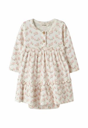 Detské šaty s dlhým rukávom v krémovej farbe s ružovým kvetinovým vzorom, dvoma drevenými gombíkmi na hrudi a volánmi na sukni a v páse.