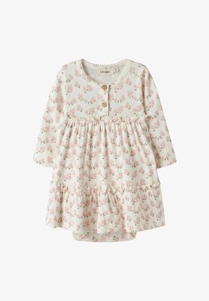 Crèmekleurige babyjurk met lange mouwen, roze bloemenprint, twee houten knopen op de borst en geplooide lagen bij de rok en taille.