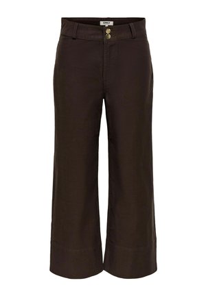 Pantalon large marron foncé, court, avec double fermeture à boutons à l'avant et passants pour ceinture.