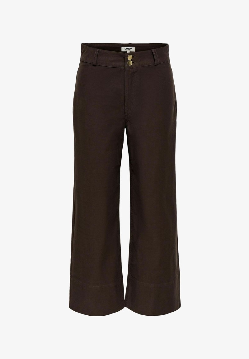 Pantalon large marron foncé, court, avec double fermeture à boutons à l'avant et passants pour ceinture.