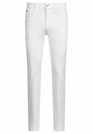 Witte denim jeans met een slim fit, voorzien van een standaard vijf-pocket ontwerp, riemlussen en een metalen knoopsluiting bij de taille.