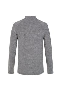 Grijze longsleeve shirt met een gestructureerde stof, met een kraag en raglanmouwen. De achterkant is eenvoudig zonder aanvullende versieringen.