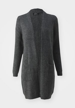 Long, open-front cardigan in dark gray, made of textured knit fabric. Features long sleeves and two front pockets.