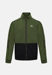 Πράσινο και μαύρο μπουφάν με φερμουάρ και ψηλό γιακά, μαύρες ρίγες στα μανίκια και μικρό λογότυπο "P1" στο αριστερό στήθος.