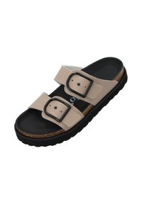 Sandales à double boucle tan avec accents noirs, dessus synthétique, semelle intermédiaire en liège et semelle extérieure en caoutchouc texturé noir. Stylées dans un design à enfiler.