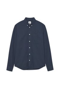 Navy blue long-sleeve button-up shirt with a front chest pocket and small embroidered logo on pocket and collar label.