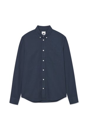 Navy blue long-sleeve button-up shirt with a front chest pocket and small embroidered logo on pocket and collar label.