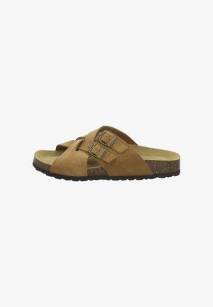 Brown suede open-toe slide sandal with two adjustable metal buckles and cork footbed on a black rubber sole.