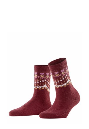Burgundy knitted socks featuring a pattern with floral and geometric designs in pink, white, and gold along the cuff and body. Soft texture.