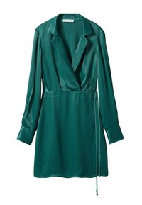Robe portefeuille teal à manches longues, en tissu lisse. Dotée d'un col châle et d'une ceinture à nouer à la taille. Design simple, sans motifs.