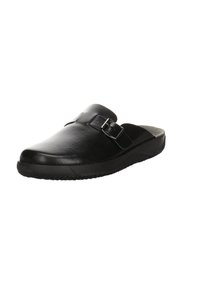 Sort læderklump med en bred rem og spænde, udformet fodseng og gummi sål. Glat overflade med rund tå og lav hæl.