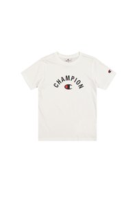 Camiseta de algodón blanca con un gran logo negro y rojo de "CHAMPION" en el pecho, mangas cortas y un pequeño logo en la manga izquierda.