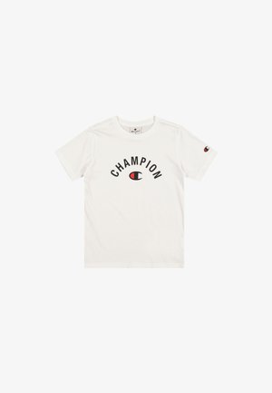 Weißes Baumwoll-T-Shirt mit einem schwarzen und roten "CHAMPION"-Logo auf der Brust, kurzen Ärmeln und einem kleinen Logo-Detail auf dem linken Ärmel.