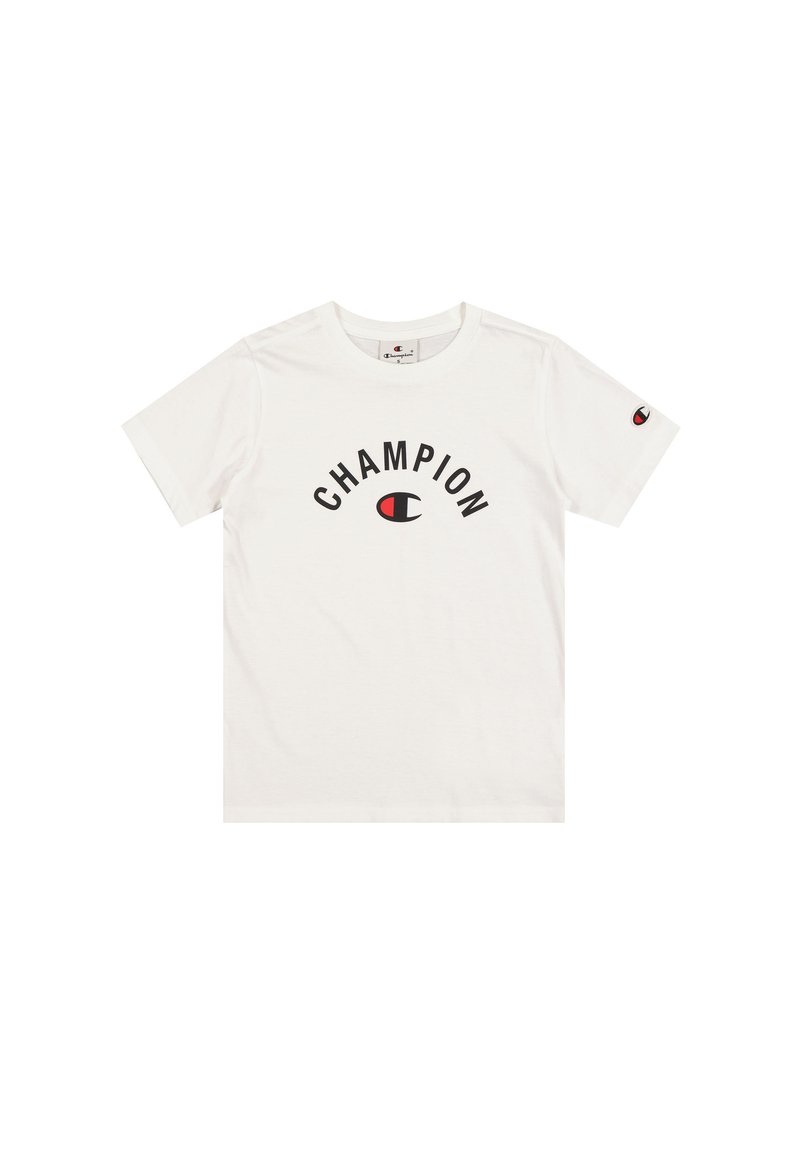 Camiseta de algodón blanca con un gran logo negro y rojo de "CHAMPION" en el pecho, mangas cortas y un pequeño logo en la manga izquierda.