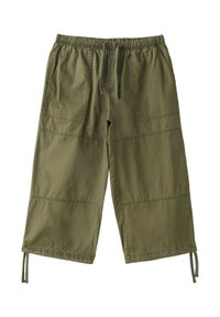 Loose-fit olive green pants with elastic waistband, front pockets, drawstrings at legs, and visible seam detailing across legs.