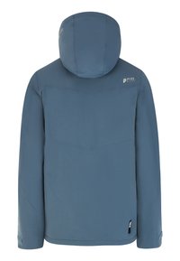 Blauwe geïsoleerde jas met capuchon, voorzien van een gladde textuur, een eenvoudig ontwerp en discrete logo-accenten op de schouders.