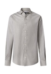Světlá šedá košile na knoflíky s jemným kostkovaným vzorem, dlouhými rukávy, klasickým límečkem a zaobleným lemem. Látka vypadá hladce s jemnou texturou.