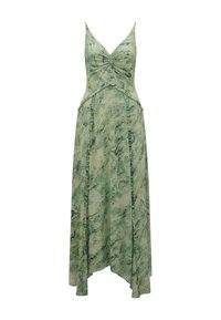 Long green dress with a marble pattern, featuring a ruched bodice, thin straps, and a flowy hemline. Made from lightweight fabric.