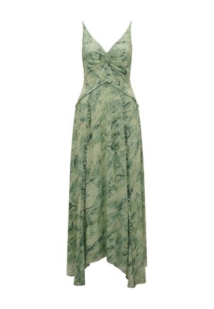 Langes grünes Kleid mit Marmor-Muster, mit gerafftem Oberteil, dünnen Trägern und einem fließenden Saum. Aus leichtem Stoff gefertigt.
