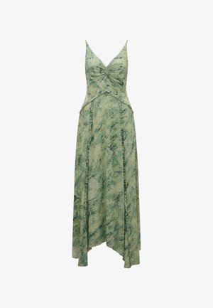 Pikk roheline kleit marmorist mustriga, millel on rukkirikk bodice, õhukesed rihmad ja voolav alus. Valmistatud kergetest materjalidest.