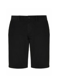 Czarne bawełniane szorty o prostym kroju, z zapięciem na guzik, szlufkami na pasek i bocznymi kieszeniami, oferujące gładką, matową teksturę.
