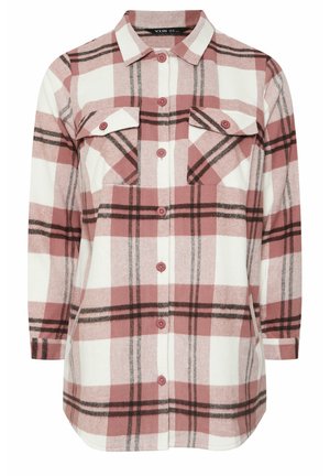 Flanellhemd in Pink, Weiß und Schwarz kariert. Verfügt über eine Knopfleiste vorne, einen spitzen Kragen und zwei Brusttaschen mit Knöpfen.