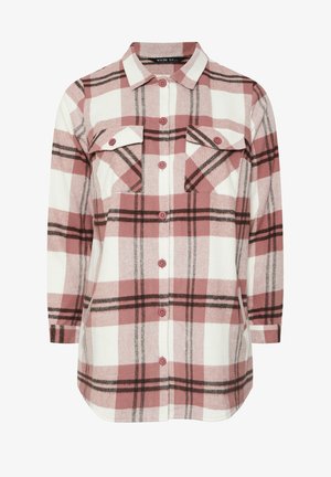 Flanellhemd in Pink, Weiß und Schwarz kariert. Verfügt über eine Knopfleiste vorne, einen spitzen Kragen und zwei Brusttaschen mit Knöpfen.
