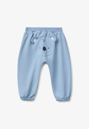 Hellblaue Babyhose mit elastischen Bündchen und Bund, mit weicher Koalagesicht-Applikation mit Ohren auf der Rückseite.